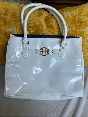 Tommy Hilfiger Patent Quilted Tote Bag with Gold Accent - White